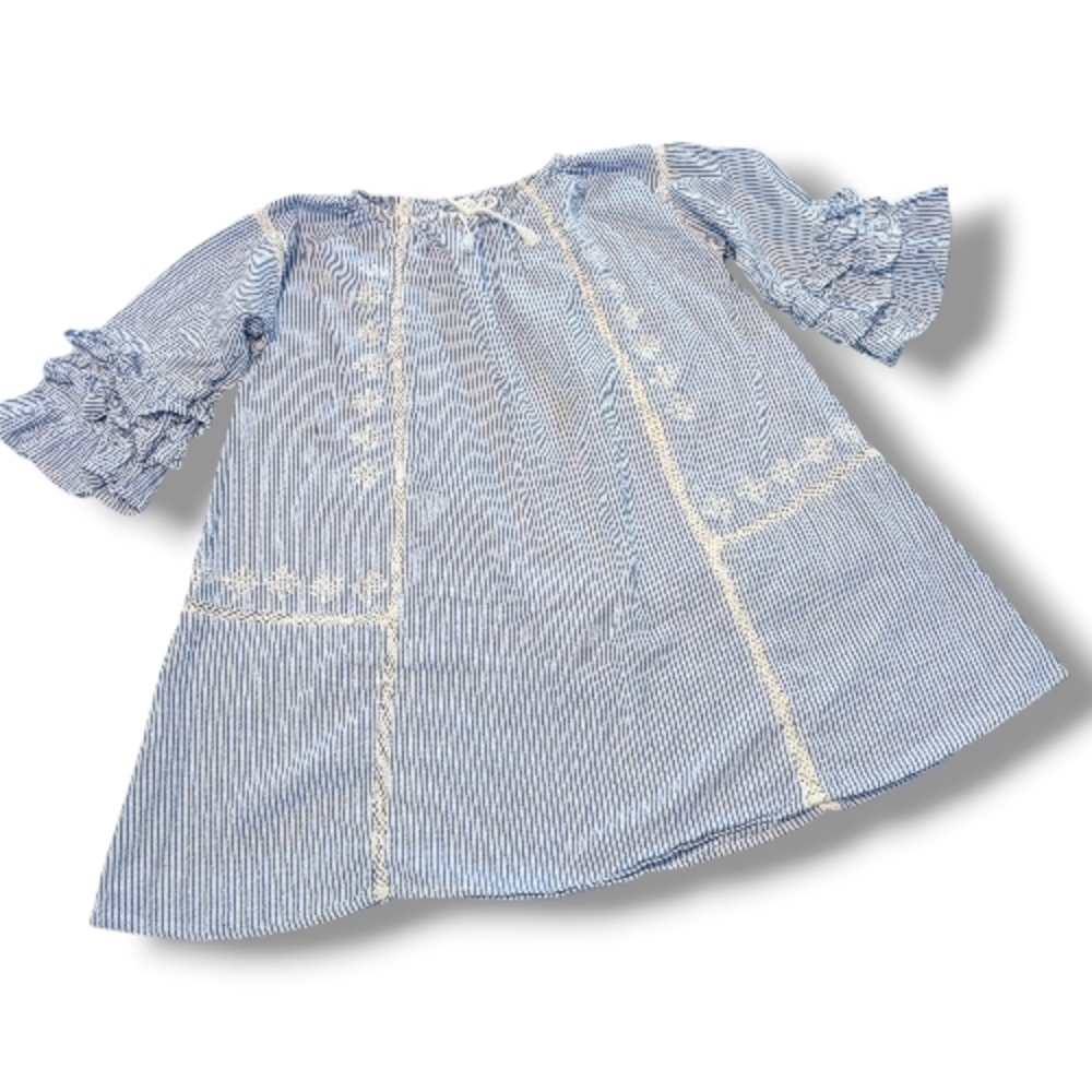 Next Blue and White Striped Blouse, Boho, 3/4 Sleeves With Ruffles & Embroidery
